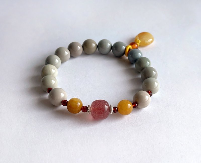 寶石系 天然礦石 阿拉善瑪瑙 緬黃玉 蜜蠟 925純銀 手鍊 - 手鍊/手環 - 寶石 灰色