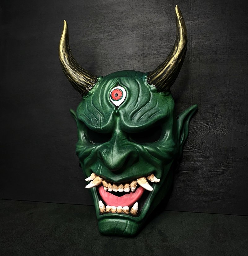 DBD Oni mask Green wearable, Japanese Demon mask, Dark Hannya mask, Wall Decor - 口罩/口罩收納套 - 樹脂 綠色