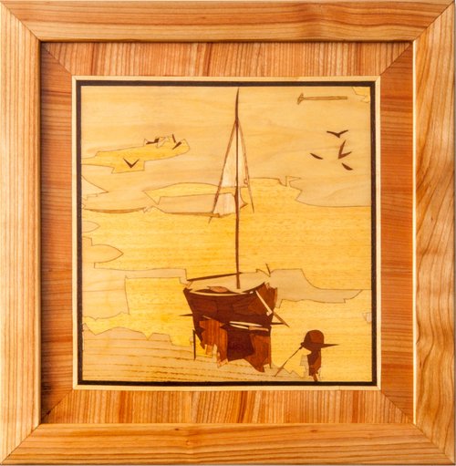 Woodins Schooner seascape marine sail home decor boho style marquetry inlay framed
