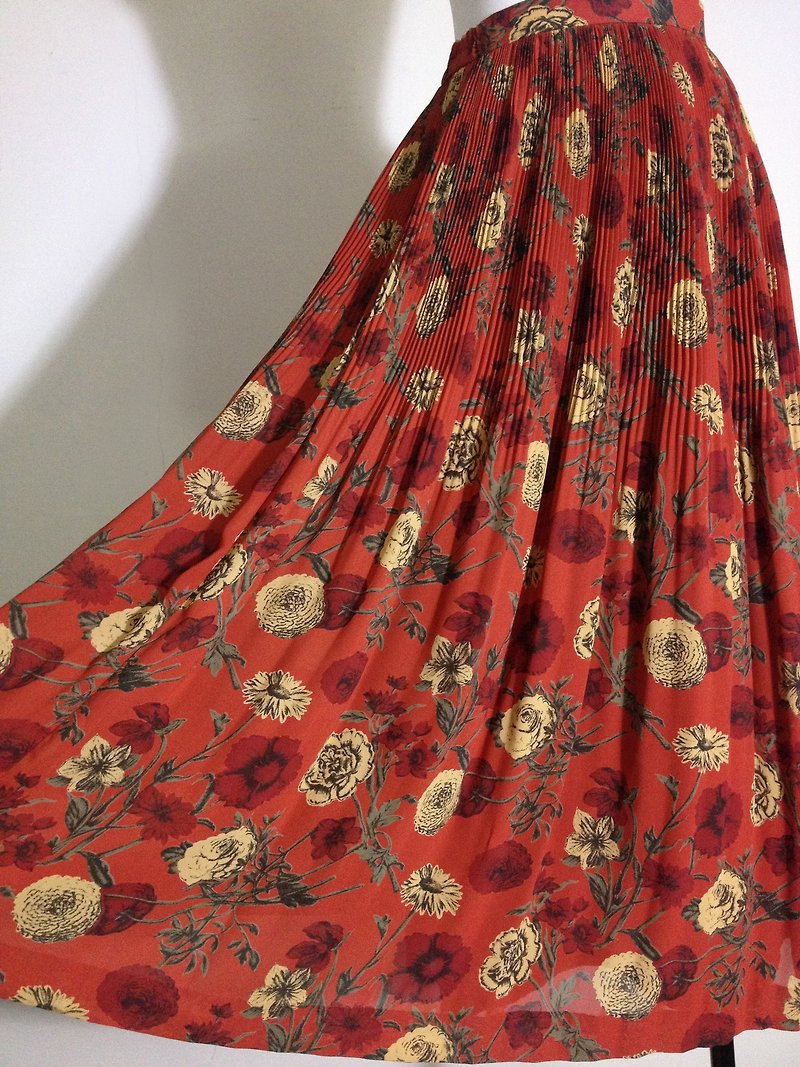 When vintage [antique dress / chiffon skirt orange flowers antique dress] back foreign high texture - Skirts - Other Materials Orange