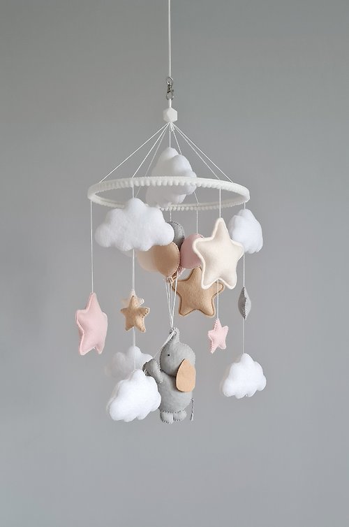 OhMyPenguin Baby girl mobile, Elephant on Balloons, Star and clouds mobile