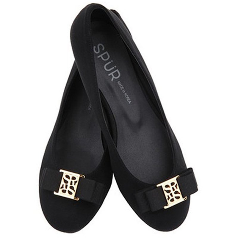SPUR - Square emblem bow flats HF8096 BLACK - รองเท้าลำลองผู้หญิง - หนังเทียม 
