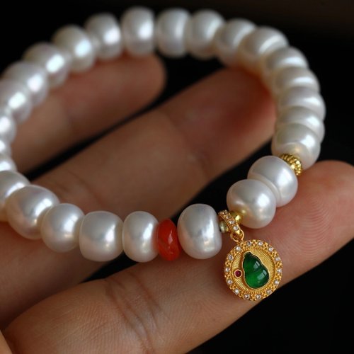 Angel's tears 天使之淚 Jewelry Design 9mm天然原色淡水珍珠 南紅盤珠危料翡翠A貨葫蘆小墜設計單圈手串s