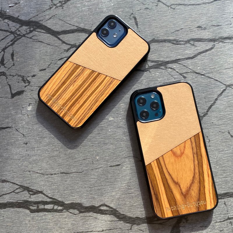 手做木製加牛皮紙 iPhone 12 mini /12 /12 Pro /12 Pro Max - 手機殼/手機套 - 木頭 卡其色