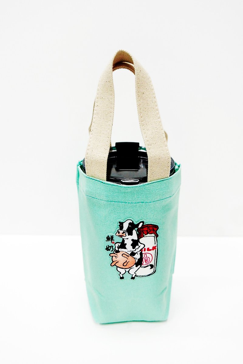 Embroidered drink bag | Cow series-milk tea with fresh milk | Literary light sticky - Beverage Holders & Bags - Cotton & Hemp Multicolor