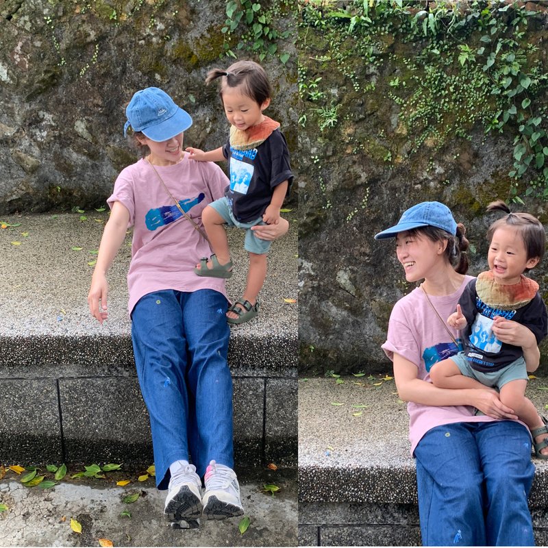霧粉純棉隨性夏日手工印花短袖上衣 中性款 大海 / 浪 / 山 - 女 T 恤 - 棉．麻 粉紅色