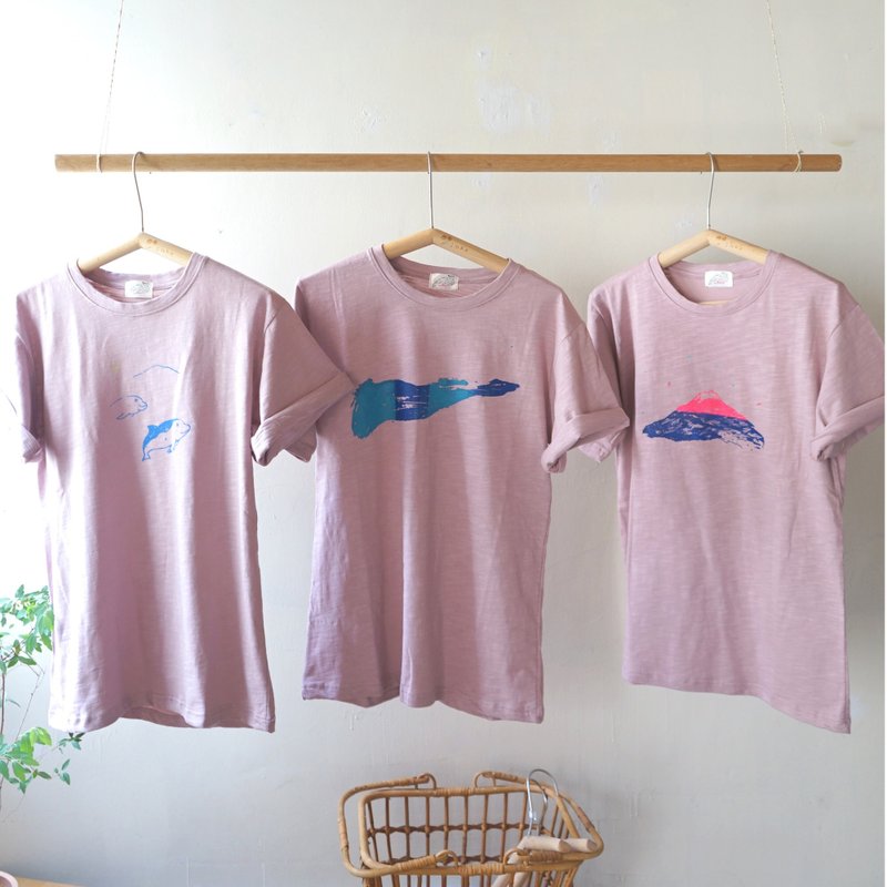 霧粉純棉隨性夏日手工印花短袖上衣 中性款 大海 / 浪 / 山 - 女 T 恤 - 棉．麻 粉紅色