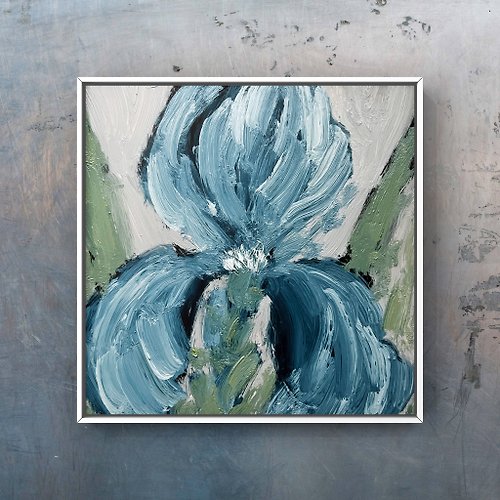 Katrin Fine Art Pastel blue Iris flower art 5 inch Muted gray blue sage green aesthetic wall art