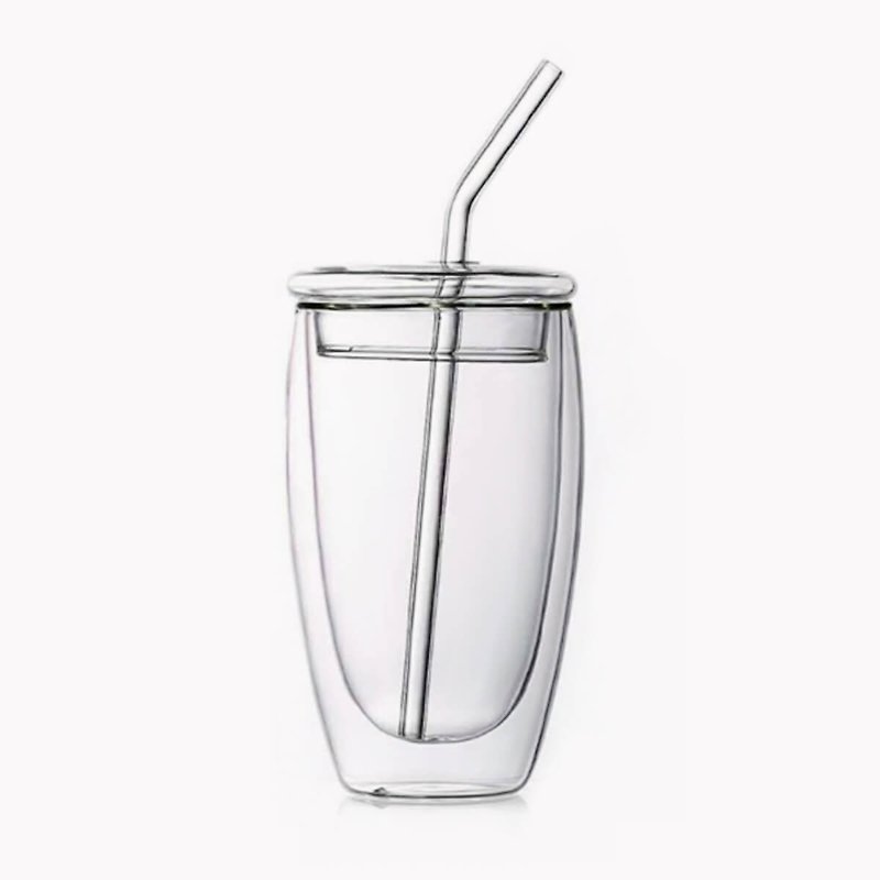 450cc [Double-layer glass] Heat-resistant double-layer glass (including glass lid + glass straw) - ถ้วย - แก้ว สีส้ม