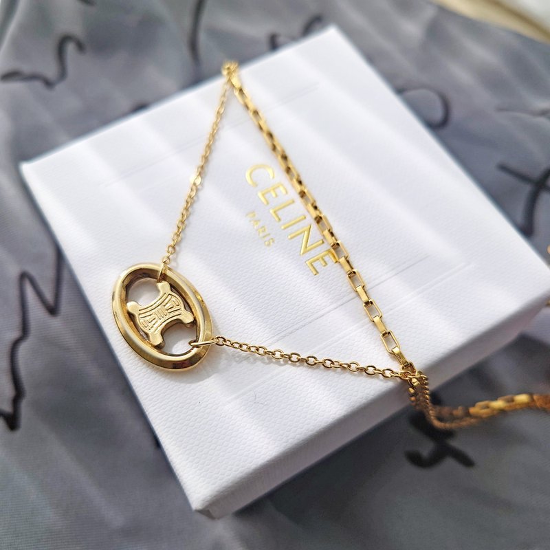 Authentic second-hand CELINE special double-layer gold chain Arc de Triomphe chain bag pendant bracelet necklace pendant - สร้อยคอ - โลหะ สีทอง