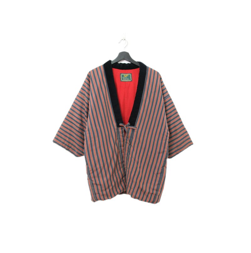 Back to Green - Japanese Haori Jacket - Black & Orange Striped Design, Colorblock pt-33 / Vintage - Men's Coats & Jackets - Cotton & Hemp 