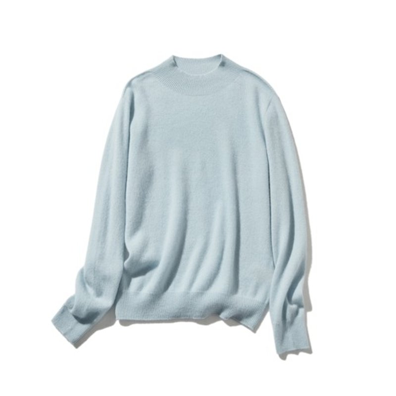 The ultimate comfort born from soft fibers. 100% cashmere, bottle neck, light blue, 240909-4 - Women's Tops - Cotton & Hemp 