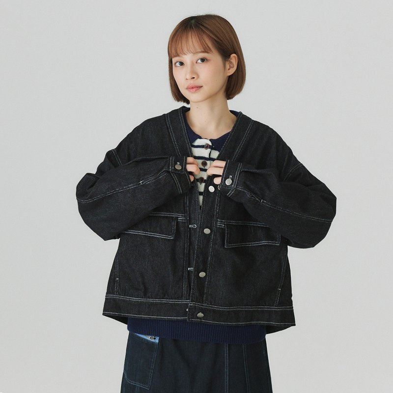 【Simply Yours】牛仔V領外套 黑F - 女裝外套/大衣 - 棉．麻 黑色