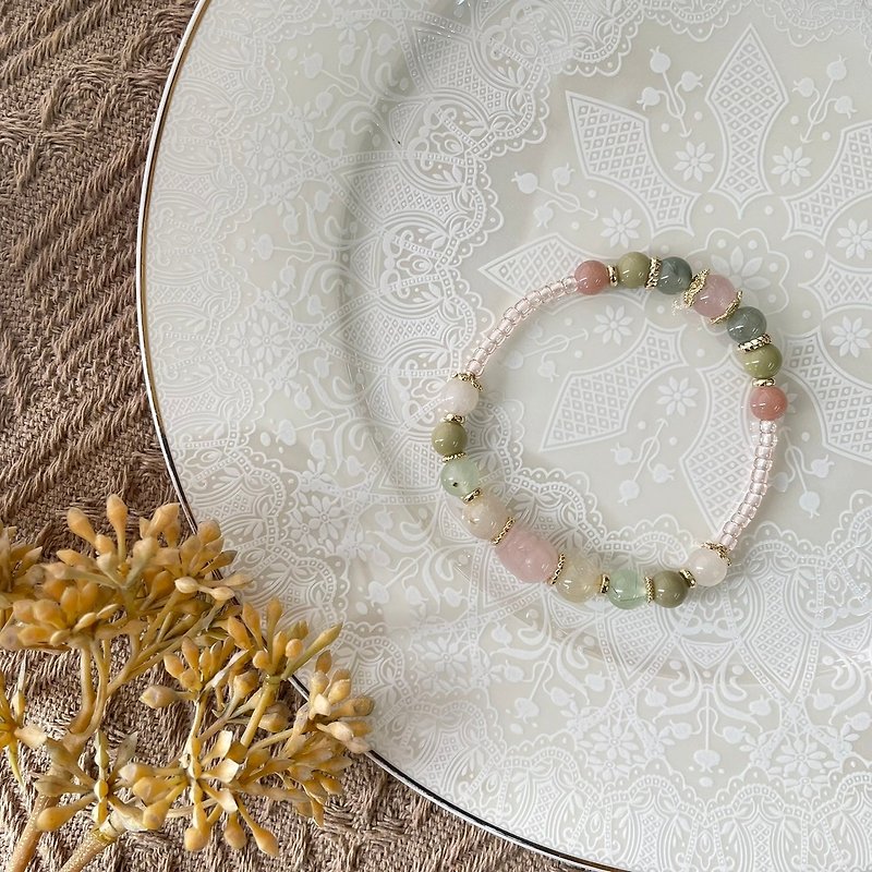 Pink morganite pixiu avocado elastic bracelet - สร้อยข้อมือ - คริสตัล 