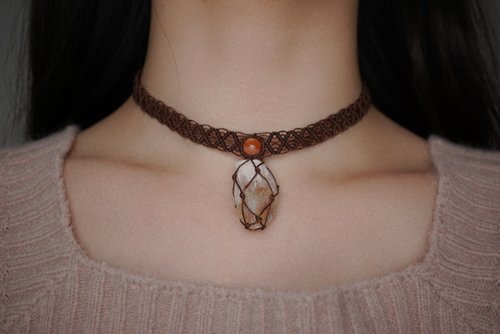 Macramé Crafts 太陽石 黃水晶 蠟線編織頸圈