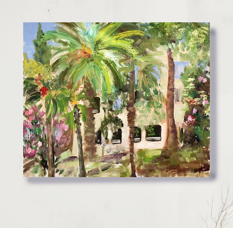 夏季景觀繪畫手 - 原始油畫布表面/棕櫚樹這幅畫在空氣 - 空氣繪 - 掛牆畫/海報 - 棉．麻 