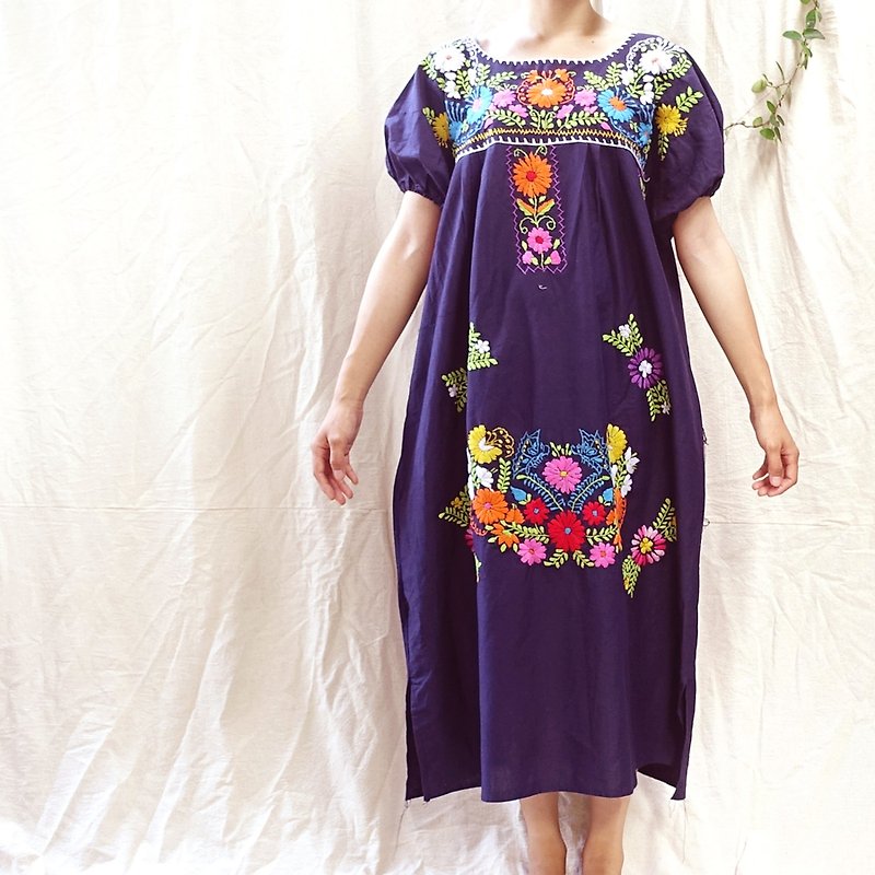 * BajuTua / Vintage / 70's Mexican handmade flowers dark blue handmade embroidery dress - One Piece Dresses - Cotton & Hemp Blue