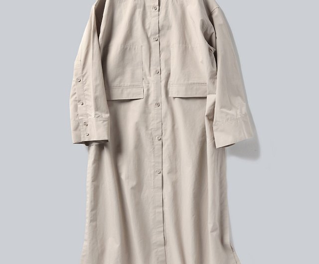 WHITE MAILS】COTTON PAPER POPLIN BAND COLLAR LONG SHIRT DRESS