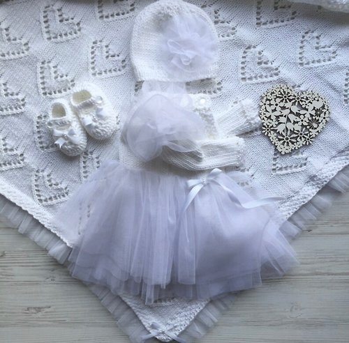 V.I.Angel Hand knit white outfit for baby girl: dress, hat, booties, blanket.