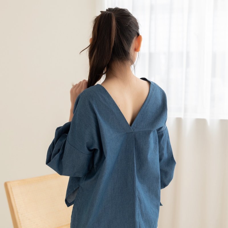 | Customized style・Intellectual beauty Style | Pete puff sleeve three-quarter sleeve women's top blue - เสื้อผู้หญิง - ผ้าฝ้าย/ผ้าลินิน สีน้ำเงิน