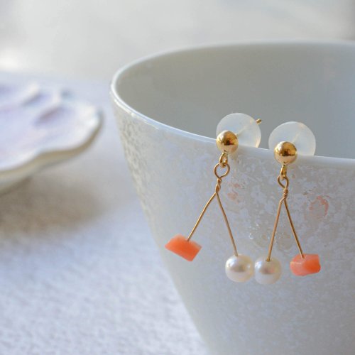 JEWELRY and PEARL FUKUDA 珍珠和珊瑚耳環 18K金 珍珠 日本製造 日本直送 免運費