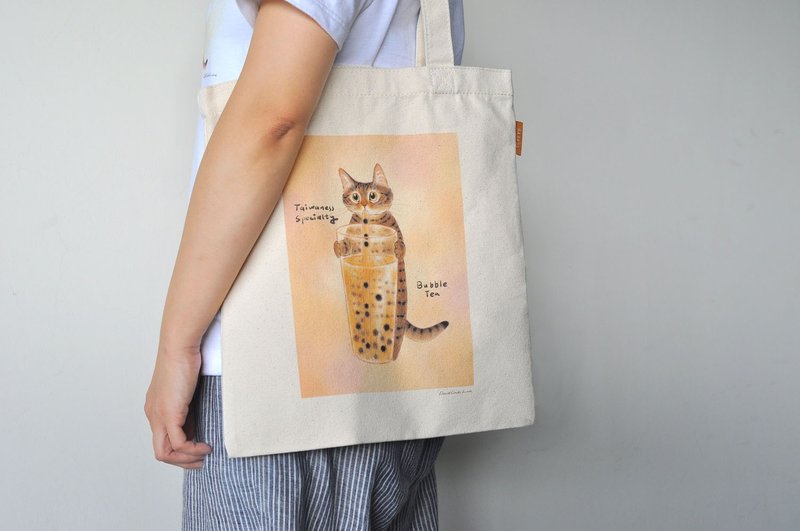 Illustration Cat Canvas Bag-Tiger Spot Pearl Milk Tea - กระเป๋าถือ - ผ้าฝ้าย/ผ้าลินิน 