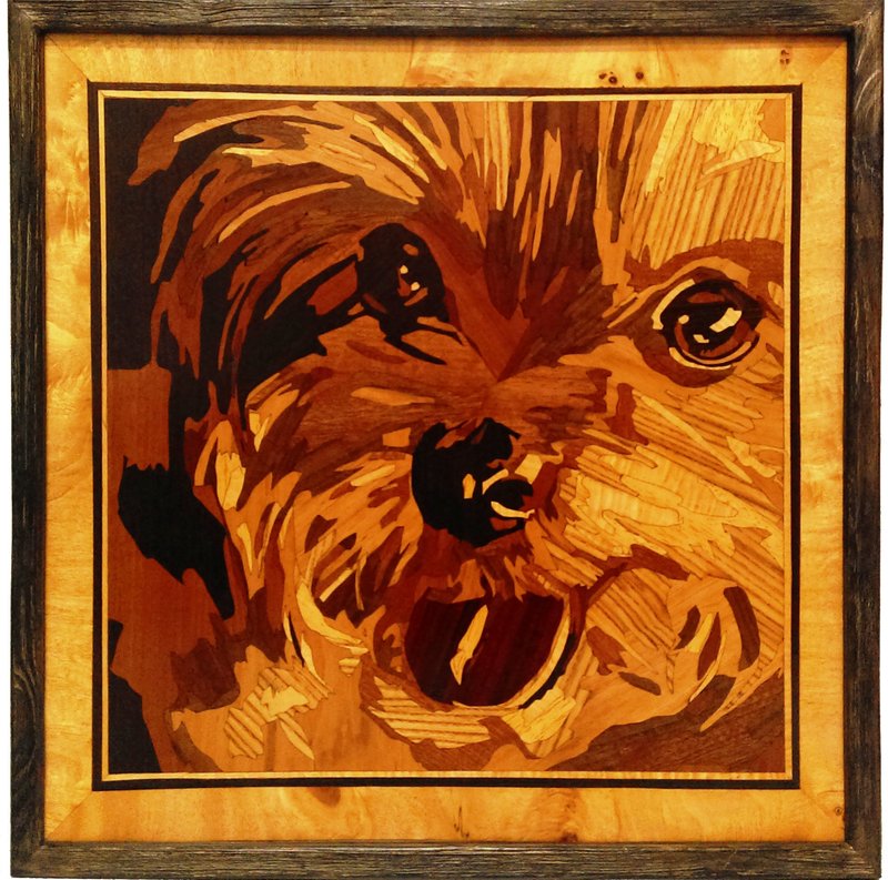 Yorkshire terrier Dog portrait inlay framed mosaic wood panel ready to hang home - 壁貼/牆壁裝飾 - 木頭 橘色