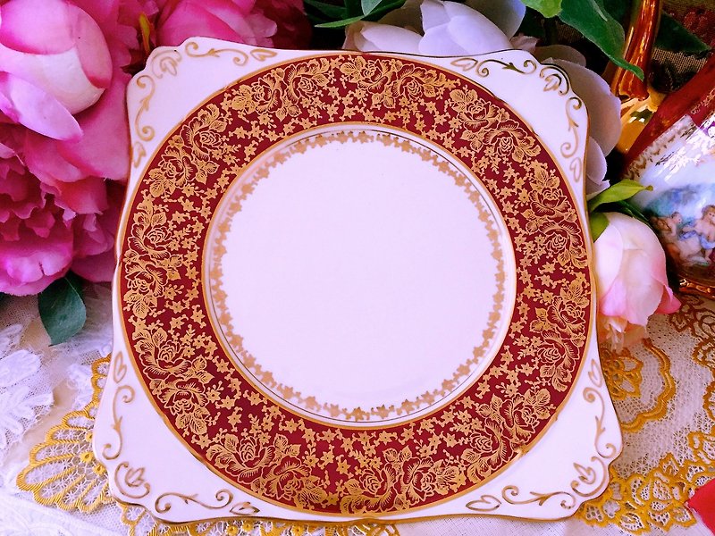 British 1950 Royal Stafford 24 gold hand-painted rose cake plate ~ inventory - Plates & Trays - Porcelain Red