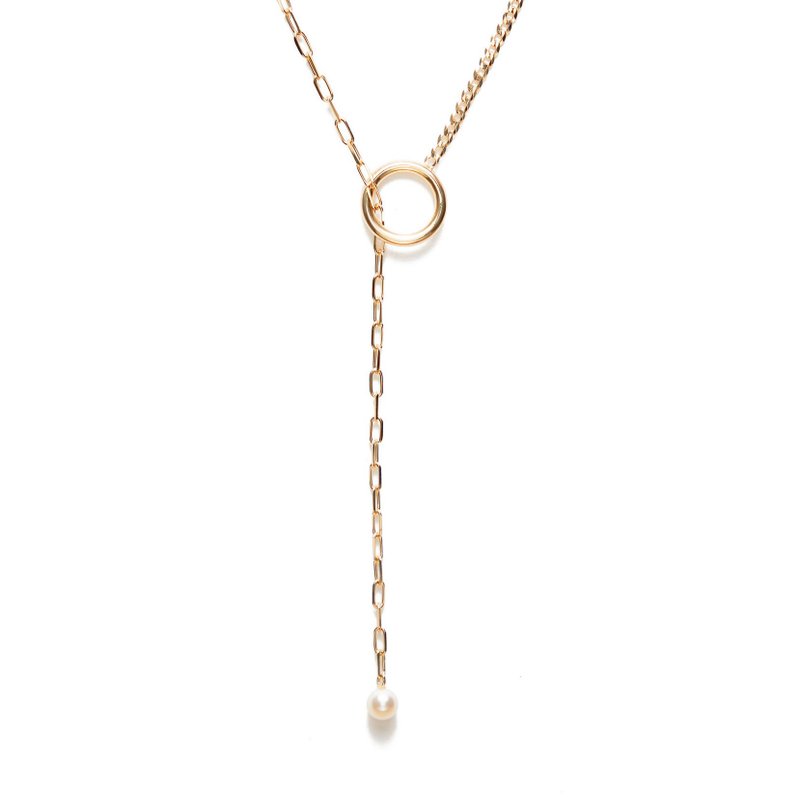 個性Y字長項鍊 925銀厚鍍18K金 Nemesis Pearl Necklace - 項鍊 - 純銀 金色