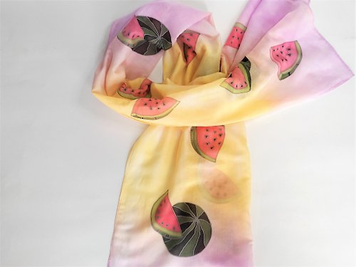 Enya Hand painted scarf Cotton and silk scarf Big watermelon scarf pink and yellow