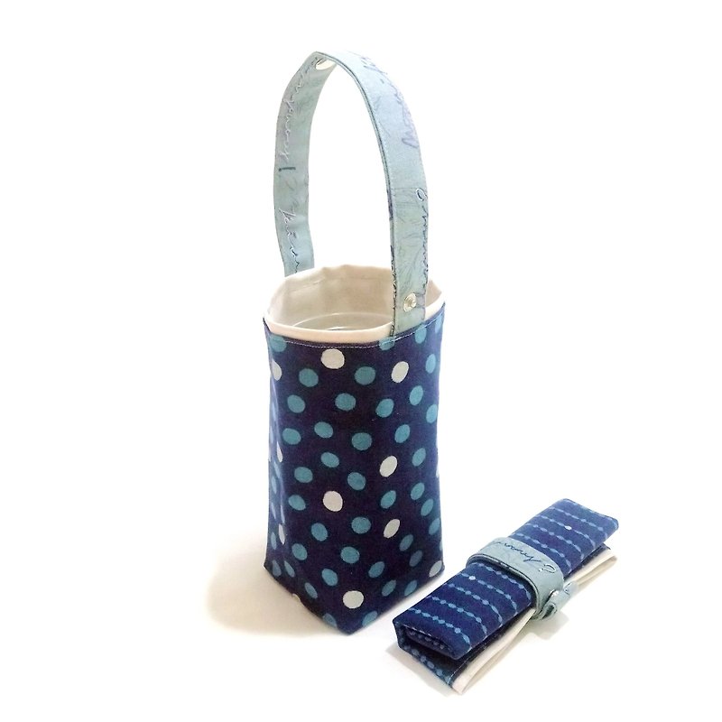 [BD/ Beverage Bag] LovelyLecre. Blue Silver Dot - ถุงใส่กระติกนำ้ - ผ้าฝ้าย/ผ้าลินิน สีน้ำเงิน