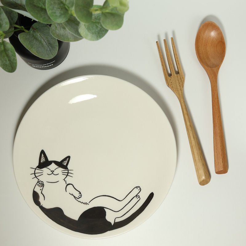 Painted Ceramic Plate Cat Lover Series Plate Breakfast Plate Mercedes Cat - Plates & Trays - Pottery White
