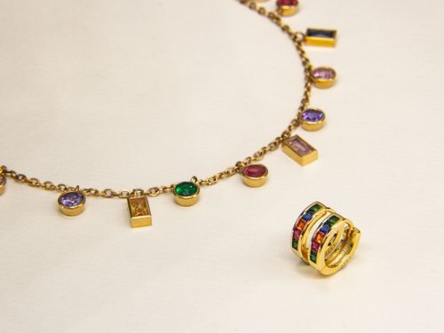 JTK Jewellery 【珠寶組合】彩虹寶石項鍊&耳環 | 七彩晶石頸鏈&耳針 禮盒