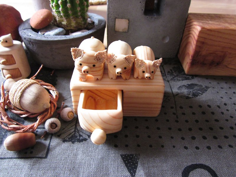 Miniature chest of drawers with pigs, Wood carving, Wooden box, Made to Order - Items for Display - Wood Brown