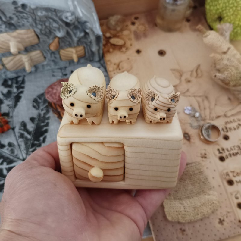 Miniature chest of drawers with pigs, Wood carving, Wooden box, Made to Order - Items for Display - Wood Brown