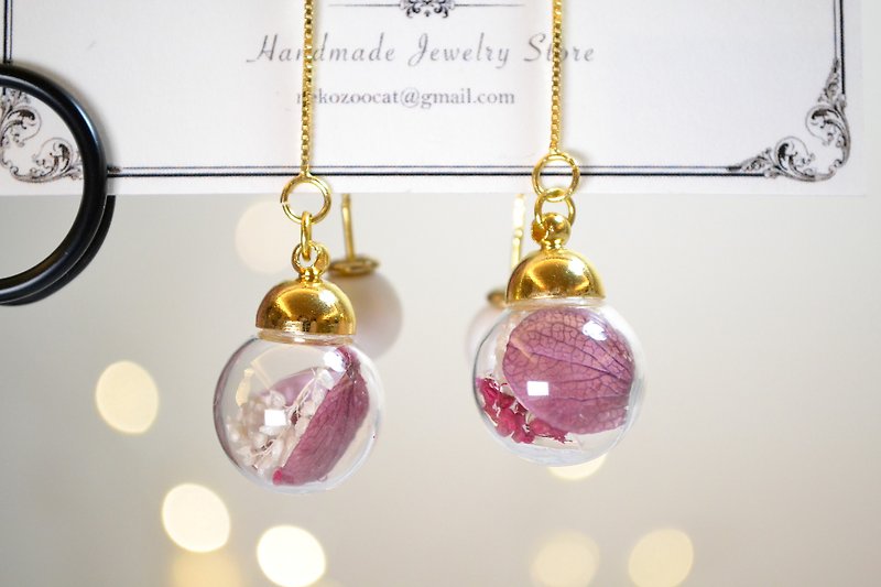 Dried Flower with Glass Bubble S925 Threader Earrings  - ต่างหู - พืช/ดอกไม้ สึชมพู