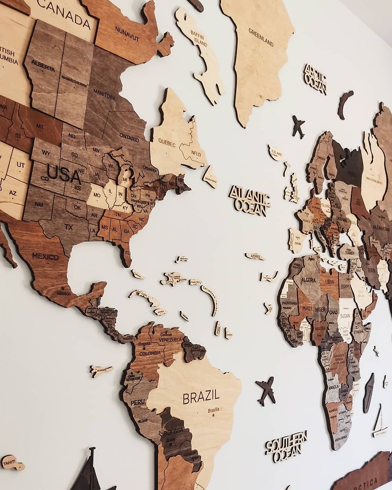 Wooden World Map Wall Art, Home Gift for Mom, Rustic Wall Decor, 3D World Map - 牆貼/牆身裝飾 - 木頭 