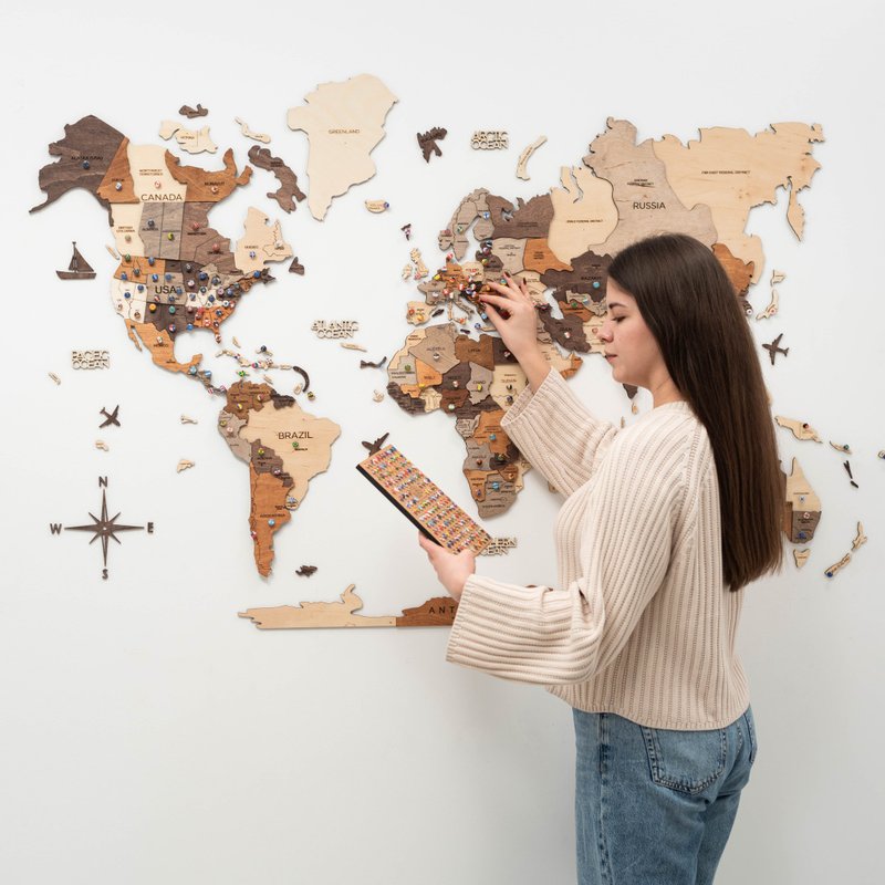 Wooden World Map Wall Art, Home Gift for Mom, Rustic Wall Decor, 3D World Map - 壁貼/牆壁裝飾 - 木頭 