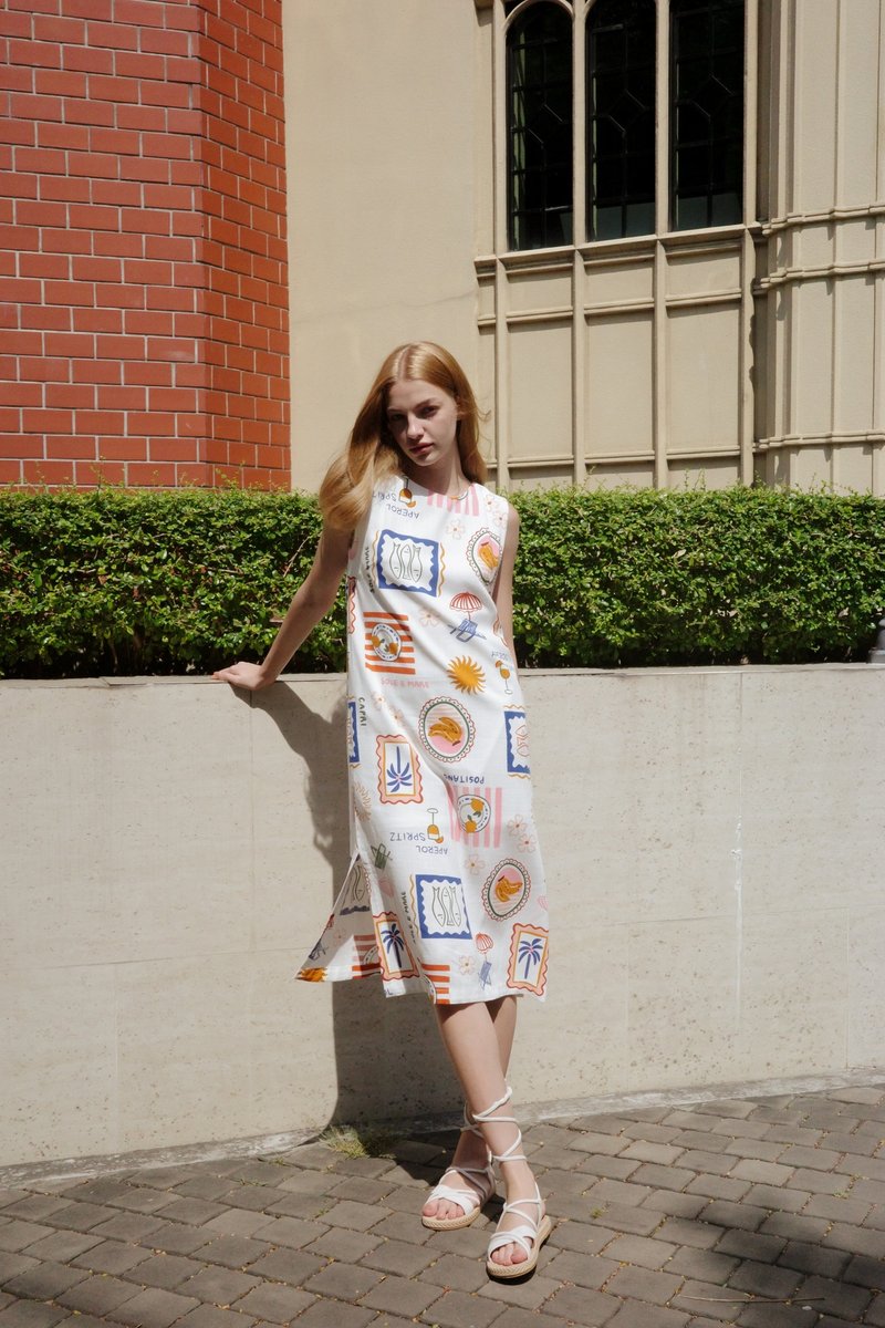 BIRUCHU SOLE E MARE DRESS - Sleeveless dress, Linen, white, printed pattern - 洋裝/連身裙 - 棉．麻 白色