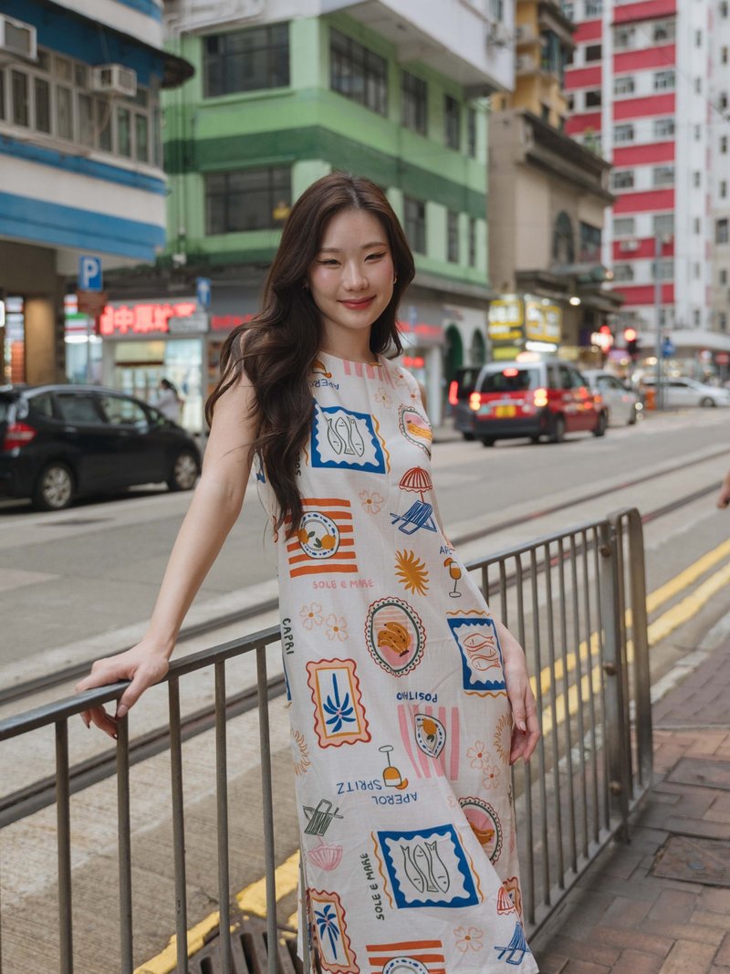 BIRUCHU SOLE E MARE DRESS - Sleeveless dress, Linen, white, printed pattern - 洋裝/連身裙 - 棉．麻 白色