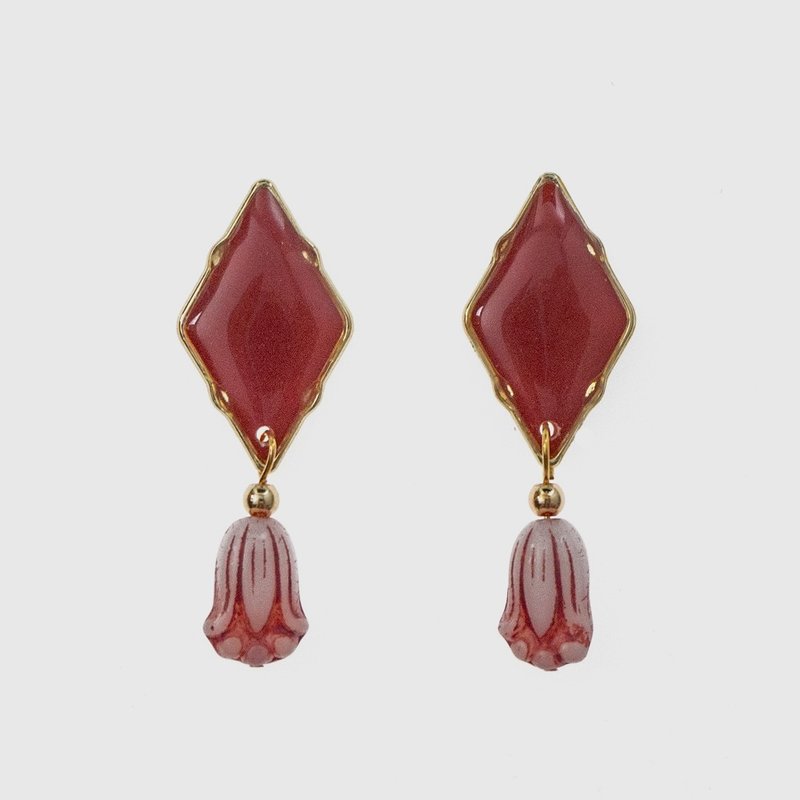 Late summer limited color | Vintage tulip earrings - garnet red - ต่างหู - เรซิน สีแดง