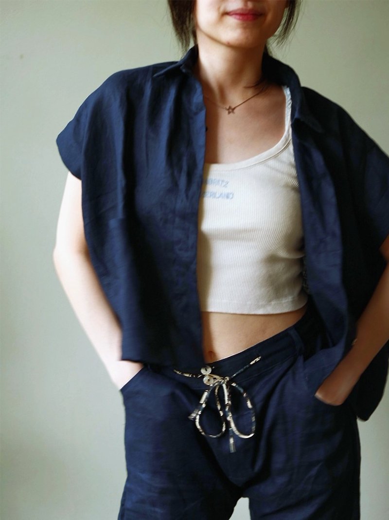 Nalla Top in Navy - Women's Shirts - Linen Blue