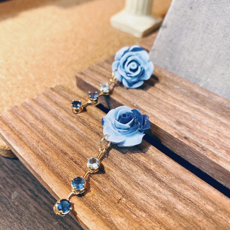 【SaWa Studio】French star pendant flower fairy smudged blue rose rose Stone earrings/ Clip-On - ต่างหู - วัสดุอื่นๆ 