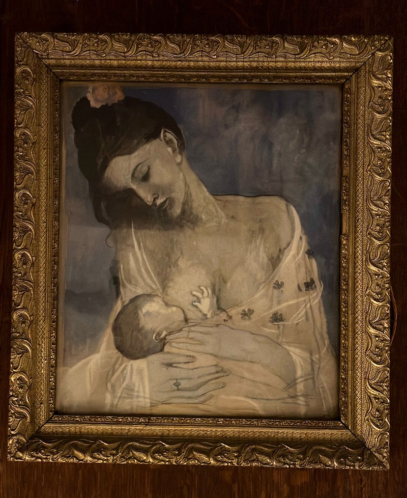 30717 フランスアンティーク 母親と赤ちゃんのスケッチ絵画 華やかなフレーム - ウォールデコ・壁紙 - 木製 