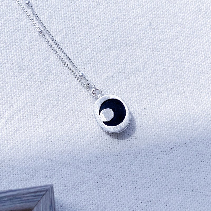Black moonlight bezel set sterling silver necklace handmade moon on the back - Necklaces - Sterling Silver Multicolor
