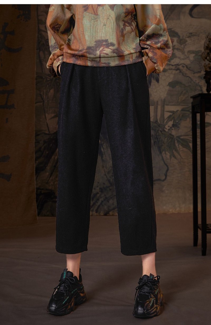 Luffy/simple casual thickened wool cropped pants - กางเกงขายาว - เส้นใยสังเคราะห์ สีดำ