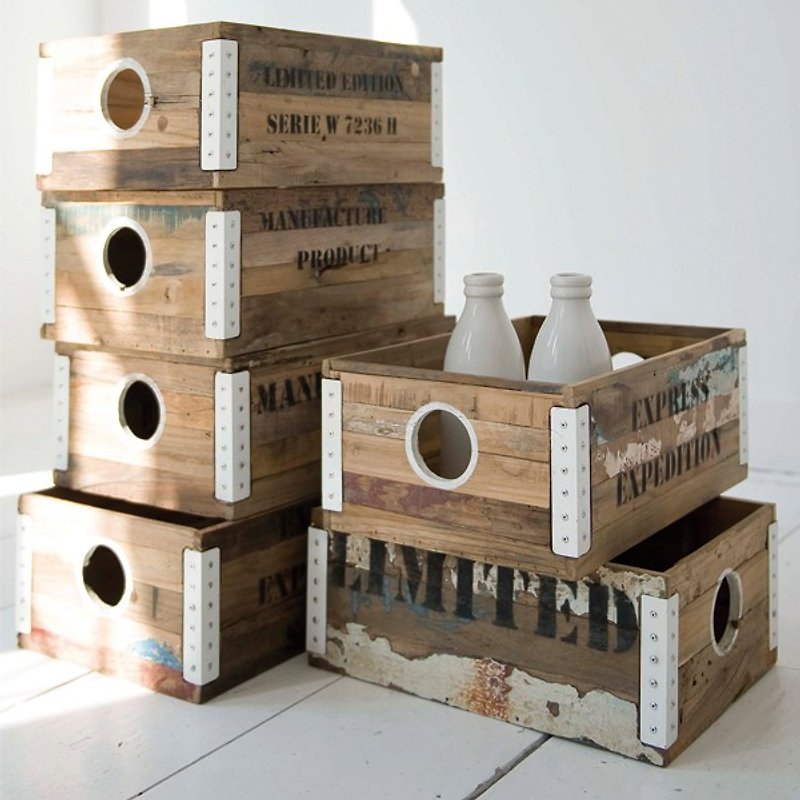 Ferum white metal riveted wooden box - Storage - Wood Brown