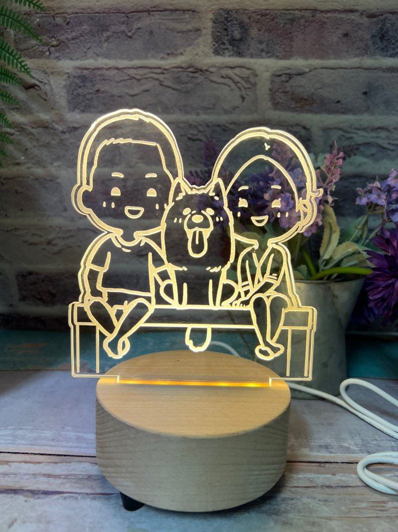 與寵物的美好旅遊【蠟筆風線條】原木Led夜燈藍芽喇叭 客製 - 燈具/燈飾 - 木頭 卡其色