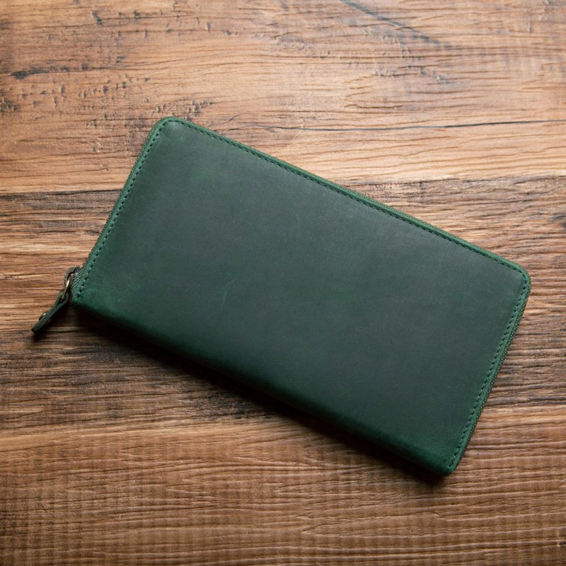 hallelujah All Leather Round Zipper Long Wallet Genuine Leather Name Gift Wrapping Dark green HAW001 - กระเป๋าสตางค์ - หนังแท้ สีเขียว