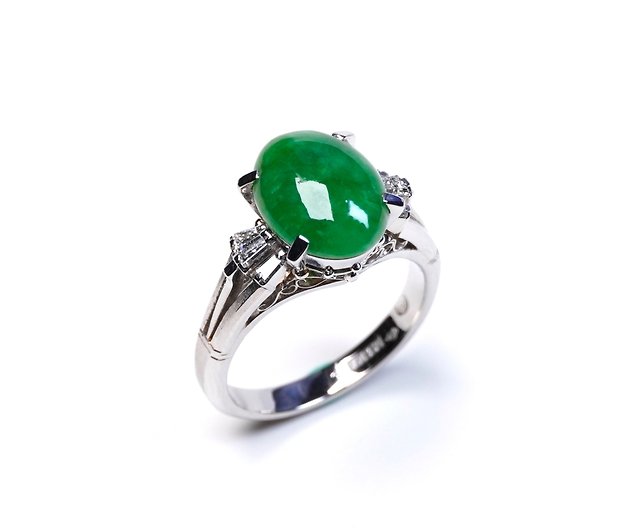 Zhengyang green jade cabochon ring PT850 white gold diamond